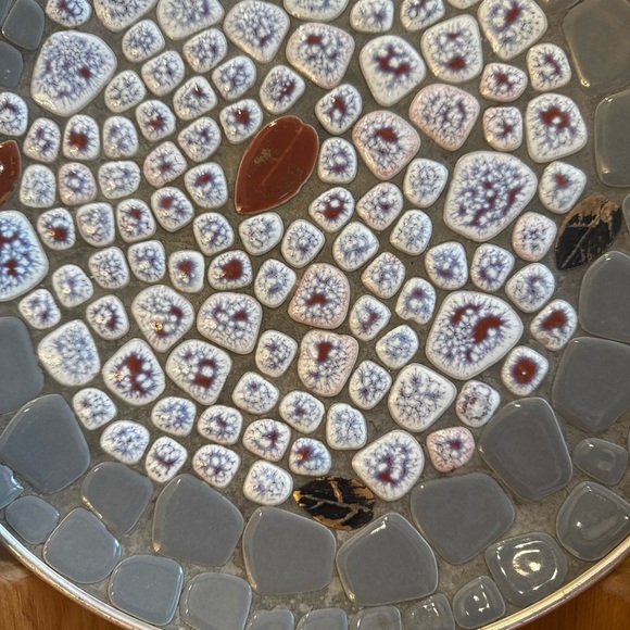Mid Century 10” Round Mosaic Tray/ Plate Gray brown White and Leaf Tiles - Picture 3 of 11